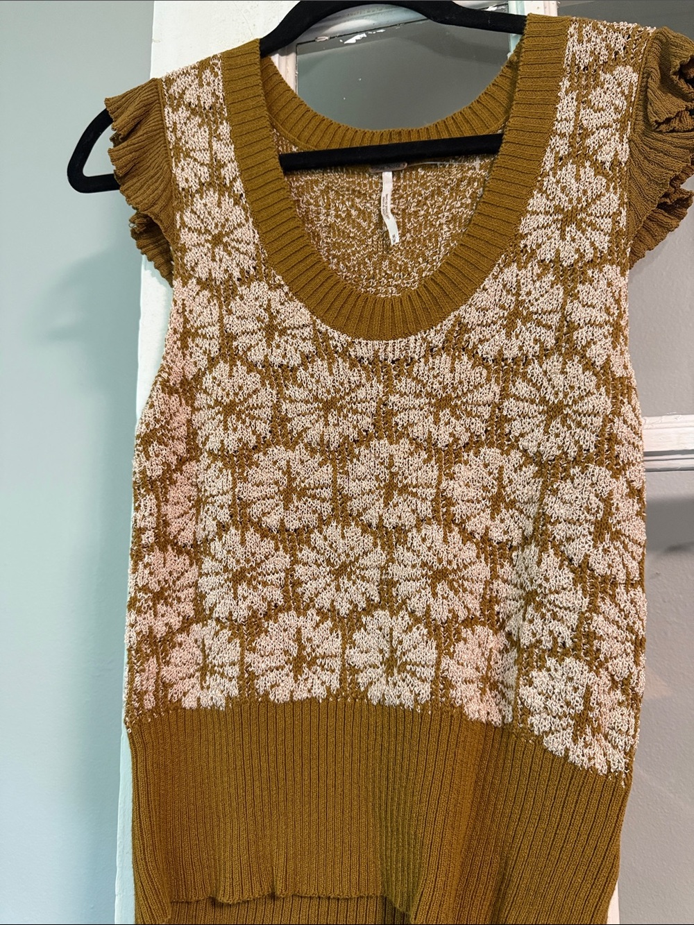 Free People Mustard and White Floral Knit Sleeveless Sweater